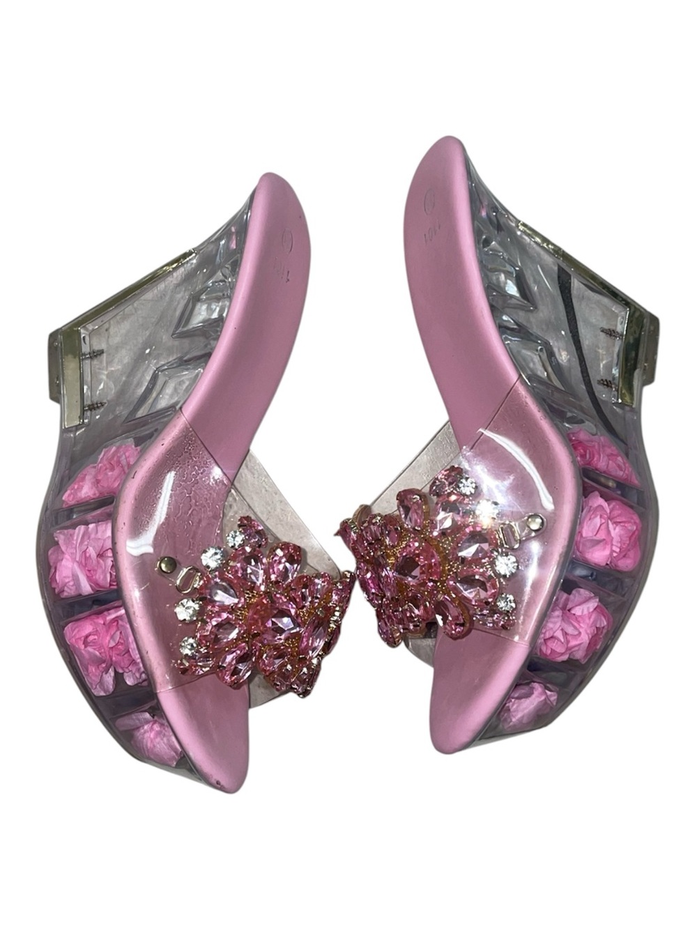 Y2K Style Pink Rhinestone Floral Clear Lucite Platform Wedges